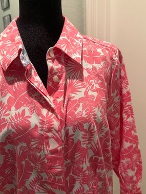 Foxcroft Coral and White Tropical Print Button-Down Shirt